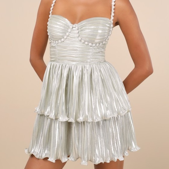 Lulus Dresses & Skirts - Lulus Glorious Shine Champagne Metallic Pearl Tiered Mini Dress Silver
